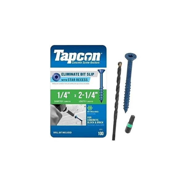 1/4-inch x 2-1/4-inch Climaseal Blue Flat Head T30 Concrete Screw Anchors With Drill Bit, 100PK